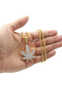 Mens Gold Plated Franco Chain & Marihuana Leaf Pendant | Appx. 21.6 Grams