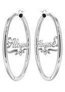 14K Ladies White Gold with Diamonds Name Plate Hoop Earrings
