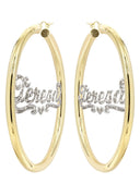 14K Ladies Diamond Cut with Diamonds Name Plate Hoop Earrings