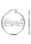 14K Ladies White Gold Diamond Cut Name Plate Hoop Earrings