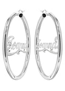 14K Ladies White Gold Diamond Cut Name Plate Hoop Earrings