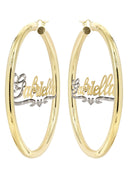 14K Ladies Two Tone Diamond Cut with Diamonds Name Plate Hoop Earrings