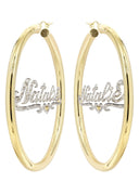 14K Ladies Two Tone with Diamonds Name Plate Hoop Earrings