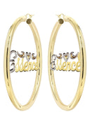 14K Ladies Two Tone Diamond Cut Name Plate Hoop Earrings