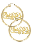 14K Ladies Two Tone Diamond Cut Name Plate Hoop Earrings