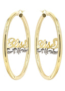 14K Ladies Two Tone Diamond Cut Name Plate Hoop Earrings