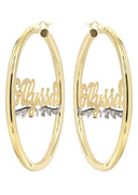14K Ladies Plain & Diamond Cut with Diamonds Name Plate Hoop Earrings