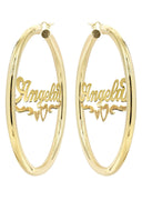 14K Ladies Diamond Cut Heart Name Plate Hoop Earrings