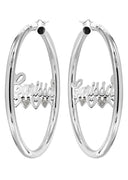 14K Ladies White Gold with Diamonds Name Plate Hoop Earrings