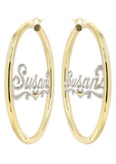14K Ladies Diamond Cut with Diamonds Name Plate Hoop Earrings