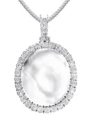 10K White Gold Large Diamond Oval Picture Pendant Necklace | Appx. 23 Grams