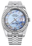 New Style | Hidden Clasp | Diamond Rolex Datejust Watch | 36Mm | Blue Mother Of Pearl Roman Numeral Dial | Jubilee Band