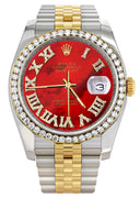 New Style | Hidden Clasp | Gold & Steel Rolex Datejust Watch | 36Mm | Diamond Red Roman Dial | Jubilee Band