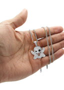 White Gold Plated Cuban Link Chain & Ghost Emoji Pendant | Appx. 18.4 Grams