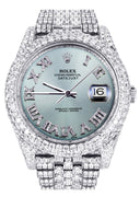 Womens Diamond Iced Out Rolex Datejust 41 | 25 Carats Of Diamonds | Custom Teal Roman Diamond Dial | Two Row | Jubilee Band