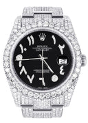 Iced Out Rolex Datejust 36 MM | Stainless Steel | 10 Carats of Diamonds | Black Arabic Diamond Dial | Oyster Band