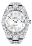 Womens Diamond Iced Out Rolex Datejust 41 | 25 Carats Of Diamonds | Custom Mother of Pearl Arabic Numeral Diamond Dial | Two Row | Oyster Band