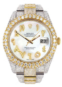 Diamond Iced Out Rolex Datejust 41 | 25 Carats Of Diamonds | Custom Mother of Pearl Arabic Numeral Diamond Dial | Two Tone | Two Row | Oyster Band