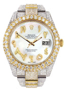 Womens Diamond Iced Out Rolex Datejust 41 | 25 Carats Of Diamonds | Custom Mother of Pearl Arabic Numeral Diamond Dial | Two Tone | Two Row | Oyster Band