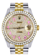 Diamond Gold Rolex Watch For Men 16233 | 36Mm | Custom Pink Arabic Full Diamond Dial | Jubilee Band