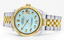 Diamond Gold Rolex Watch | Fluted Bezel | 31MM | Baby Blue Diamond Dial | Jubilee Band