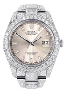 Womens Diamond Iced Out Rolex Datejust 41 | 25 Carats Of Diamonds | Custom Dawn Pink Dial | Two Row | Oyster Band