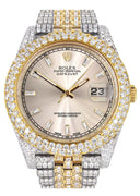 Womens Diamond Iced Out Rolex Datejust 41 | 25 Carats Of Diamonds | Custom Dawn Pink Dial | Two Tone | Two Row | Jubilee Band
