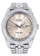 Womens Diamond Iced Out Rolex Datejust 41 | 25 Carats Of Diamonds | Dawn Pink Diamond Dial | Two Row | Jubilee Band