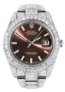 Womens Diamond Iced Out Rolex Datejust 41 | 25 Carats Of Diamonds | Morocco Brown Dial | Two Row | Oyster Band