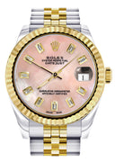 Diamond Gold Rolex Watch | Fluted Bezel | 31MM | Pink Mother of Pearl Diamond Dial | Jubilee Band