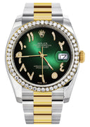 New Style | Gold & Steel Rolex Datejust Watch | 36Mm | Green Black Arabic Diamond Dial | Oyster Band