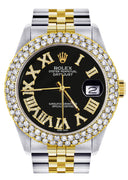Diamond Gold Rolex Watch For Women 16233 | 36Mm | Black Roman Dial | Two Row 4.25 Carat Bezel | Jubilee Band