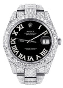 Womens Diamond Iced Out Rolex Datejust 41 | 25 Carats Of Diamonds | Custom Black Roman Numeral Diamond Dial | Two Row | Oyster Band