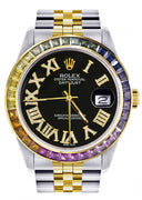 Diamond Gold Rolex Watch For Men 16233 | 36Mm | Rainbow Sapphire Bezel | Diamond Black Roman Numeral Dial | Jubilee Band