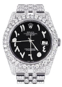 Iced Out Rolex Datejust 36 MM | Stainless Steel | 10 Carats of Diamonds | Black Arabic Diamond Dial | Jubilee Band