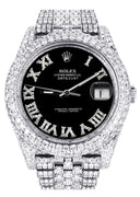Womens Diamond Iced Out Rolex Datejust 41 | 25 Carats Of Diamonds | Custom Black Roman Numeral Diamond Dial | Two Row | Jubilee Band
