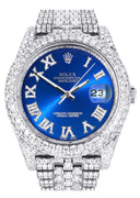 Womens Diamond Iced Out Rolex Datejust 41 | 25 Carats Of Diamonds | Custom Blue Roman Numeral Diamond Dial | Two Row | Jubilee Band