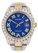 Diamond Iced Out Rolex Datejust 41 | 25 Carats Of Diamonds | Custom Blue Text Pattern Dial | Two Tone | Oyster Band