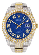 Womens Diamond Iced Out Rolex Datejust 41 | 25 Carats Of Diamonds | Blue Text Pattern Dial | Two Tone | Two Row | Oyster Band