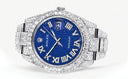 Womens Diamond Iced Out Rolex Datejust 41 | 25 Carats Of Diamonds | Blue Text Pattern Dial | Two Row | Oyster Band