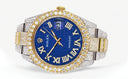Womens Diamond Iced Out Rolex Datejust 41 | 25 Carats Of Diamonds | Blue Text Pattern Dial | Two Tone | Two Row | Oyster Band