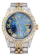 Iced Out Rolex Datejust 36 MM | Two Tone | 10 Carats of Diamonds | Blue Mother of Pearl Roman Diamond Dial