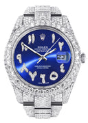 Womens Diamond Iced Out Rolex Datejust 41 | 25 Carats Of Diamonds | Custom Blue Arabic Numeral Diamond Dial | Two Row | Oyster Band