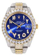 Womens Diamond Iced Out Rolex Datejust 41 | 25 Carats Of Diamonds | Custom Blue Arabic Numeral Diamond Dial | Two Row | Oyster Band