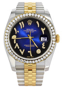New Style | Hidden Clasp | Gold & Steel Rolex Datejust Watch | 36Mm | Blue Black Arabic Diamond Dial | Jubilee Band