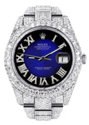 Womens Diamond Iced Out Rolex Datejust 41 | 25 Carats Of Diamonds | Custom Blue Black Roman Numeral Diamond Dial | Two Row | Oyster Band