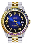 Diamond Gold Rolex Watch For Men 16233 | 36Mm | Rainbow Sapphire Bezel | Diamond Blue Black Arabic Numeral Dial | Jubilee Band