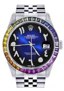 Diamond Gold Rolex Watch For Men 16200 | 36Mm | Rainbow Sapphire Bezel | Blue Black Arabic Numeral Dial | Jubilee Band