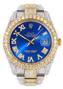 Womens Diamond Iced Out Rolex Datejust 41 | 25 Carats Of Diamonds | Custom Blue Roman Numeral Diamond Dial | Two Tone | Two Row | Oyster Band