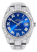 Diamond Iced Out Rolex Datejust 41 | 25 Carats Of Diamonds | Custom Blue Roman Numeral Diamond Dial | Two Row | Oyster Band